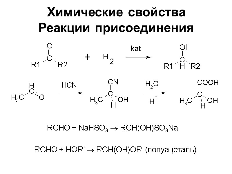 Химические свойства  Реакции присоединения  RCHO + NaHSO3  RCH(OH)SO3Na  RCHO +